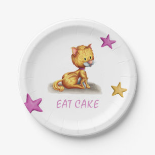 Charmantes Eat Cake Kitten Pink Collar Party Pappteller