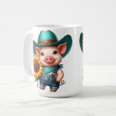 Charmantes Ferkel in Cowboy-Kleidung mit Sonnenblu Kaffeetasse (Vorderseite Links)