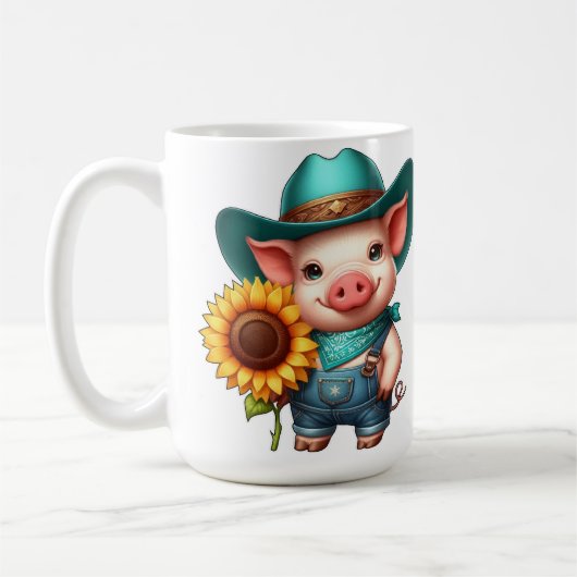 Charmantes Ferkel in Cowboy-Kleidung mit Sonnenblu Kaffeetasse (Links)