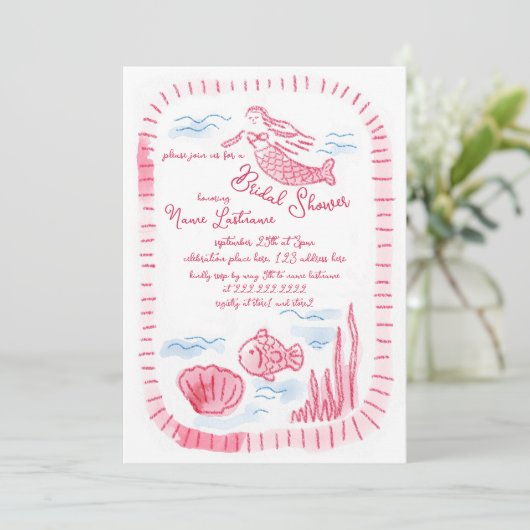 Charmantes handgezeichnetes rosa Meerjungfrau-Brau Einladung (Stehend Vorderseite)