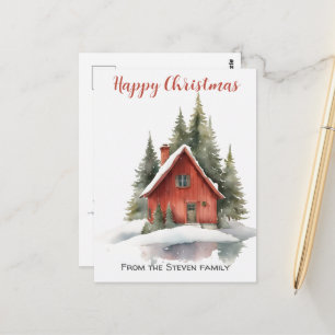 Charmantes Haus im Holz Weihnachts-Wasserfarbe Postkarte