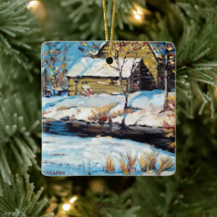 Charmantes ländliches Winterhäuschen Keramikornament