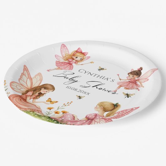 Charmantes Pink Fairies Woodland Babydusche Pappteller (Schrägansicht)