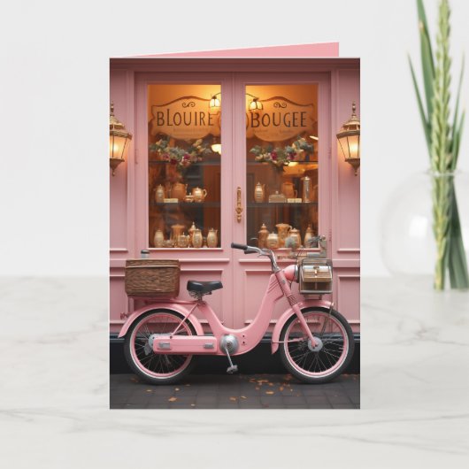 Charmantes rosa Schaufenster mit Vintagem Moped Einladung (Vorderseite)