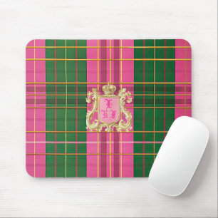 Charmantes Rosa und grünes Kariertes Monogramm Mousepad