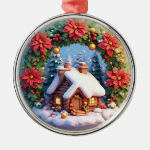 Charmantes schneebedecktes Ferienhaus, geschmückt Ornament Aus Metall