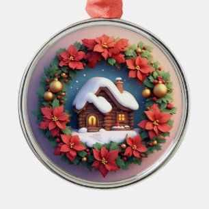 Charmantes schneebedecktes Ferienhaus, geschmückt Ornament Aus Metall