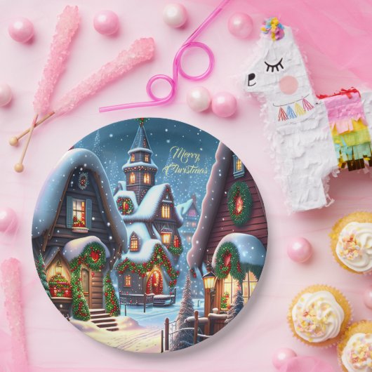Charmantes Schneedorf Pappteller (Party)