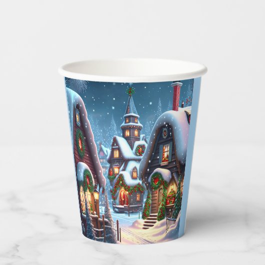 Charmantes, schneesicheres Weihnachtsdorf Pappbecher (Rückseite)