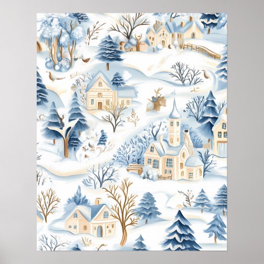 Charmantes Snowy Village mit Waldtieren Poster (Vorne)