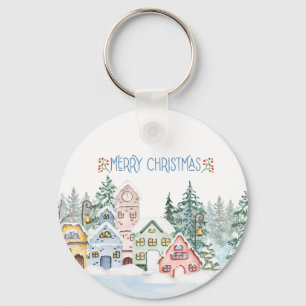 Charmantes Snowy Village Wasserfarben Weihnachten Schlüsselanhänger