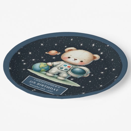 Charmantes Teddy Bear Astronaut Baby Dusche Party Pappteller (Schrägansicht)