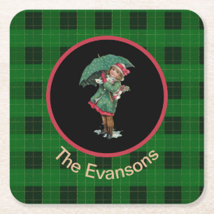 Charmantes Vintages Mädchen mit Regenschirm auf G Rechteckiger Pappuntersetzer