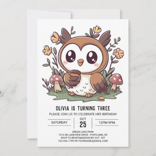 Charme Whimsical Digital Owl Geburtstag Einladung (Vorderseite)