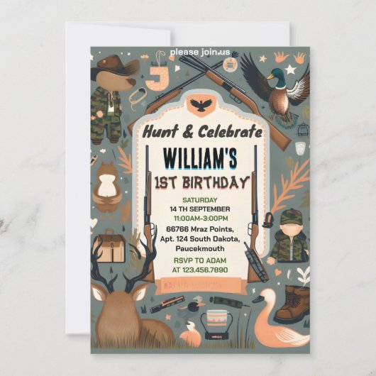 Charme Wild Camouflage Oh Deer Enck Jagd 1. Geburt Einladung (Vorderseite)