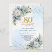 Charming 80th Birthday Invite Dusty Blue Flowers  Einladung (Vorderseite)