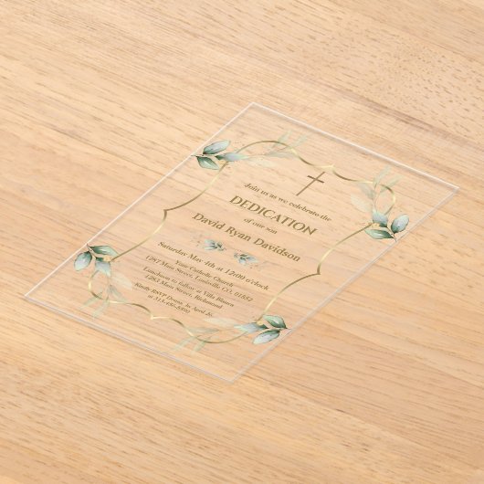 Charming Airy Greenery Gold Cross Dedication Acryleinladungen (Ablage )