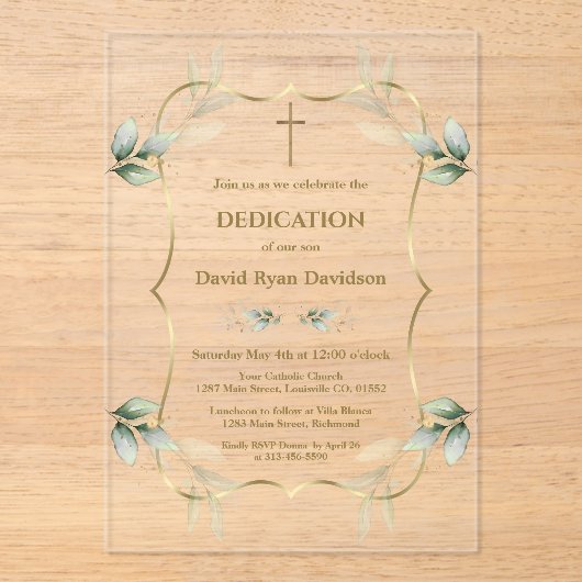 Charming Airy Greenery Gold Cross Dedication Acryleinladungen (Vorderseite)