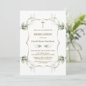 Charming Airy Greenery Gold Cross Dedication  Einladung (Stehend Vorderseite)