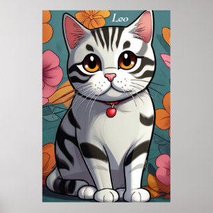 Charming American Shorthath Cat Floral Art Poster