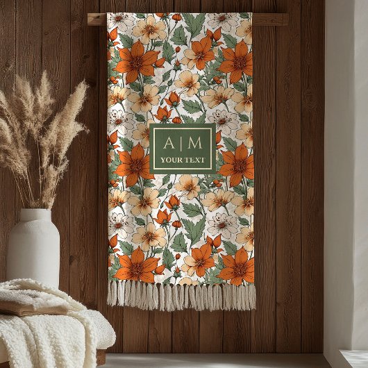 Charming Autumn Flowers Rusty Sage Green Blanket Fleecedecke