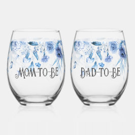 Charming Baby Blue Floral Drop l Mama & Vater-to-b Weinglas Ohne Stiel