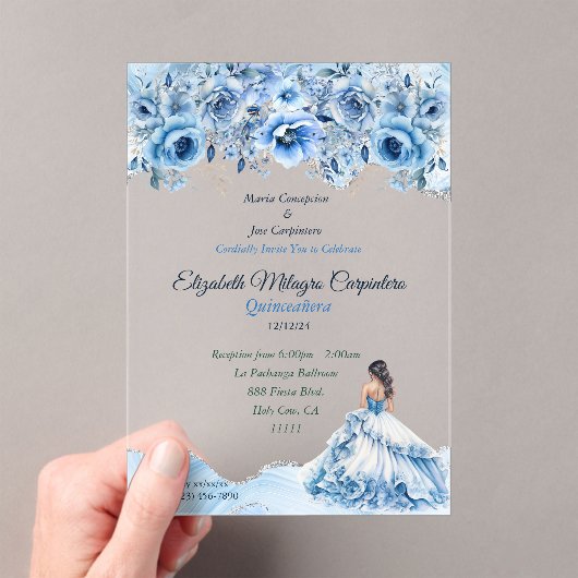 Charming Baby Blue und Silver Quinceñera Floral Acryleinladungen (Insitu (Handheld))