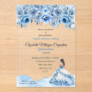 Charming Baby Blue und Silver Quinceñera Floral Acryleinladungen