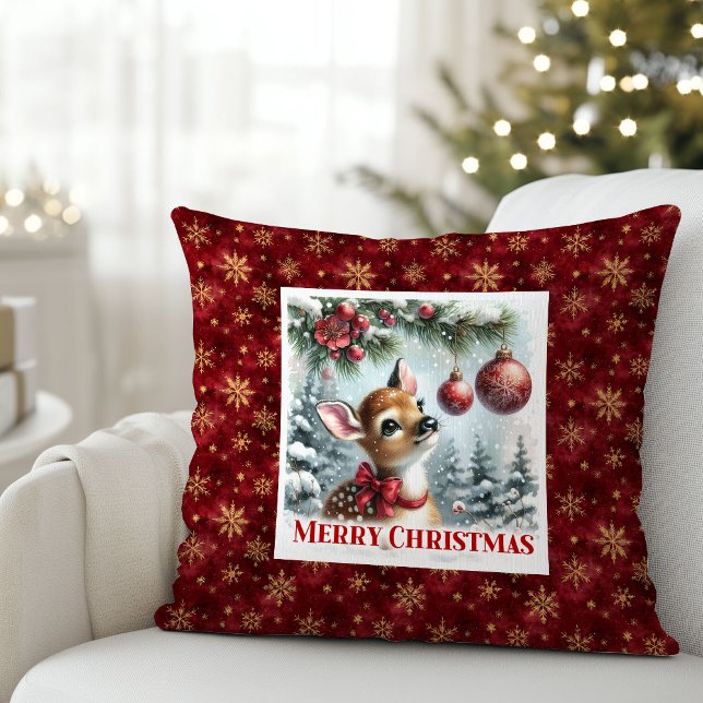 Charming baby fawn festive winter scene Christmas  Kissen (Charming baby fawn festive winter scene Christmas pillow)