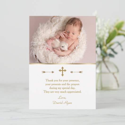 Charming Baby Foto Gold Cross Taufe Dankeskarte (Stehend Vorderseite)