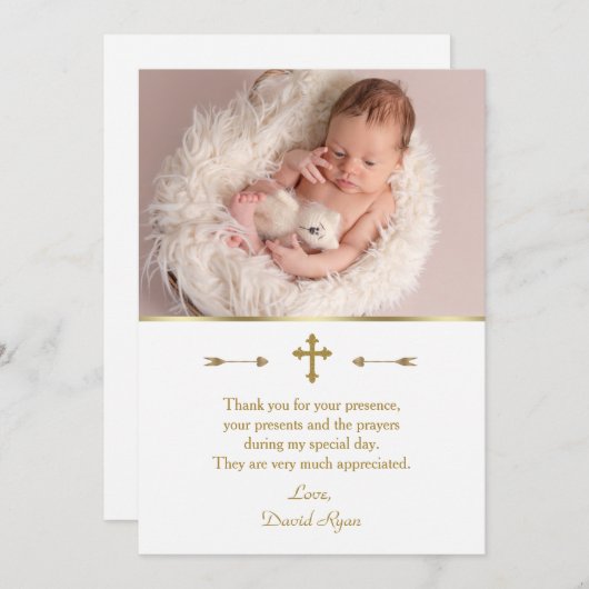Charming Baby Foto Gold Cross Taufe Dankeskarte (Vorne/Hinten)