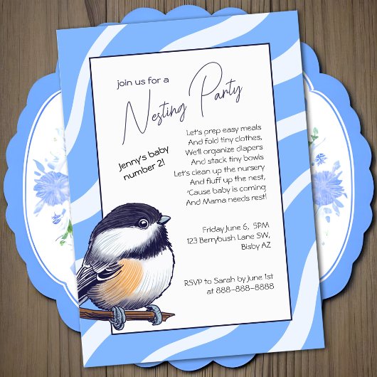 Charming Baby Shower Chickadee Blue Nesting Party Einladung