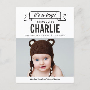 Charming Banner Birth Announcement - Baby Boy Ankündigungspostkarte