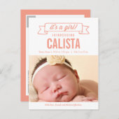 Charming Banner Birth Announcement - Baby Girl Ankündigungspostkarte (Vorne/Hinten)