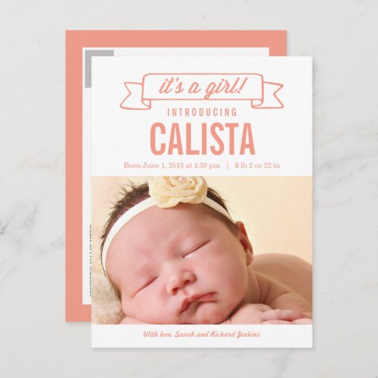 Charming Banner Birth Announcement - Baby Girl Ankündigungspostkarte (Vorne/Hinten)