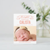 Charming Banner Birth Announcement - Baby Girl Ankündigungspostkarte (Stehend Vorderseite)