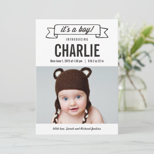 Charming-Banner Geburtshinweise - Junge Ankündigung (Stehend Vorderseite)