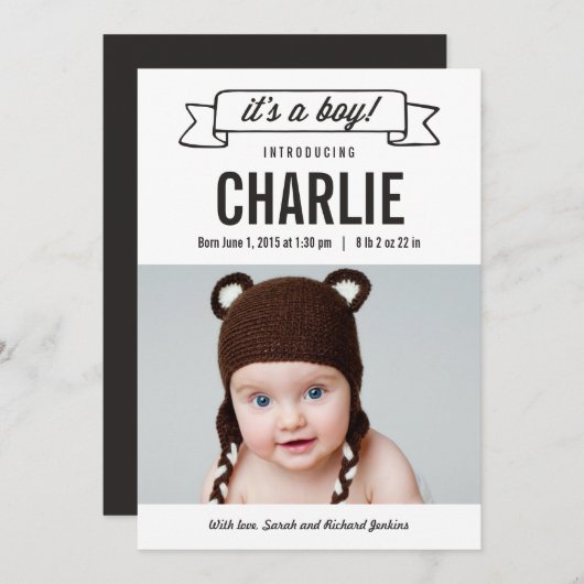 Charming-Banner Geburtshinweise - Junge Ankündigung (Vorne/Hinten)