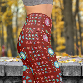 Charming Barn Red Scandinavian Folk Pattern Yoga Capri Leggings
