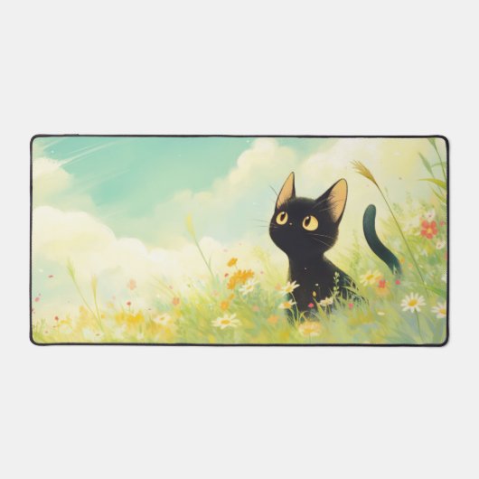 Charming Black Cat Golden Eye Sunny Wildflower Schreibtischunterlage (Vorderseite)