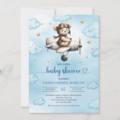 Charming Blue Brown Teddy Bear Pilot Baby Shower Einladung (Vorderseite)
