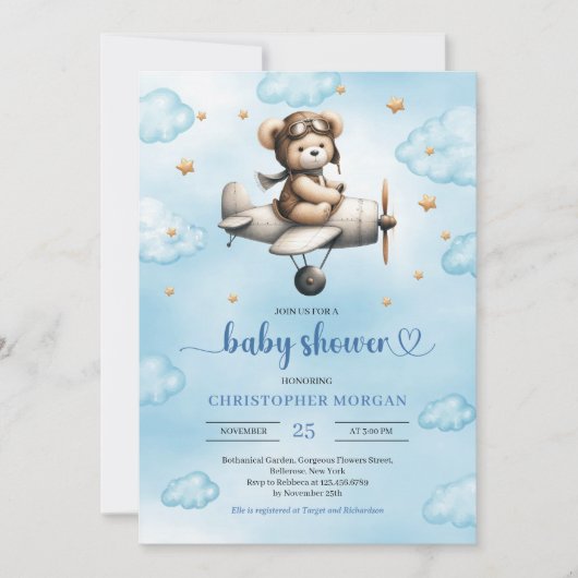 Charming Blue Brown Teddy Bear Pilot Baby Shower  Einladung (Vorderseite)
