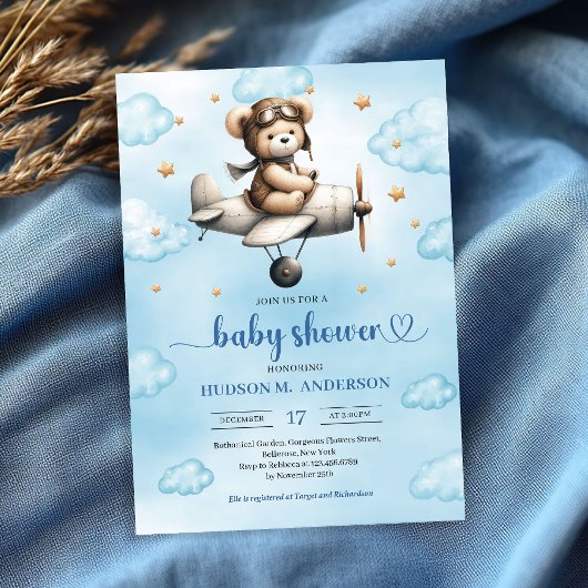 Charming Blue Brown Teddy Bear Pilot Baby Shower Einladung