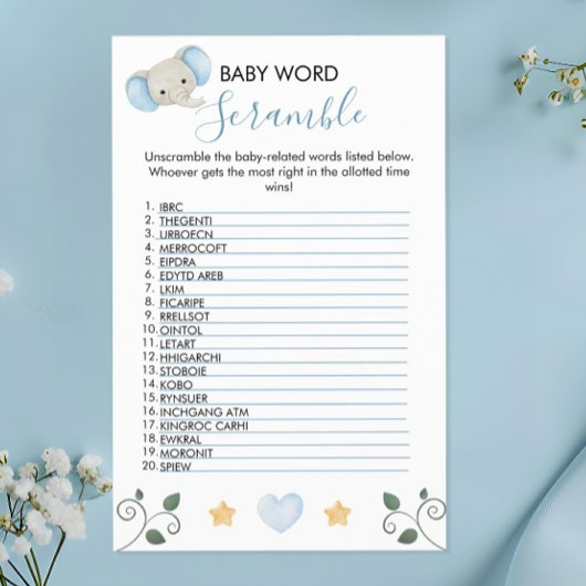 Charming Blue Elephant Baby Dusche Word Scramble Flyer