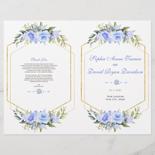 Charming Blue Floral Gold Rahmen Hochzeitsprogramm (Vorne)