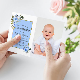 Charming Blue Flowers Foto Junge 1. Geburtstag Einladung