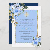 Charming Blue Flowers Gold Cross Boy Bestätigung Einladung (Vorne/Hinten)