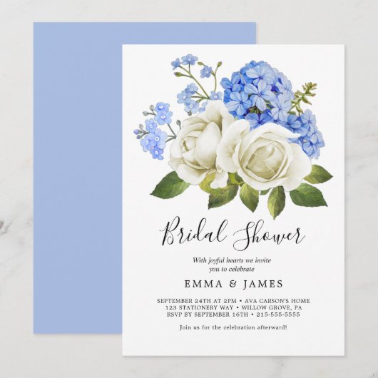 Charming Blue Hydrangea | Weißes Brautparty Einladung (Vorne/Hinten)