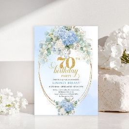 Charming Blue Hydrangeas Gold 70th Birthday Invite Einladung