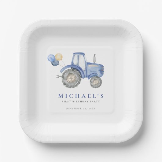 Charming Blue Tractor Birthday Pappteller (Vorderseite)